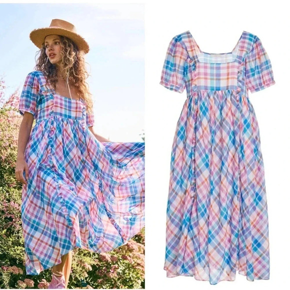 LoveShackFancy Dresses & Skirts - NWOT LoveShackFancy Kimball Plaid Dress - Square Neck Empire Waist Ruffle